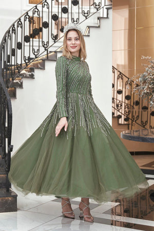 Anna Midi Taşlı Tesettür Abiye Haki - FioraofDress - tesettur - abiye - 44 - hijab - evening - dress