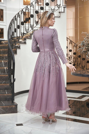 Anna Midi Taşlı Tesettür Abiye Lila - FioraofDress - tesettur - abiye - 44 - hijab - evening - dress