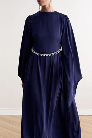 Cavin Bel Büzgülü Zincirli Saten Tesettür Abiye - FioraofDress - tesettur - abiye - LACİVERT - 36 - hijab - evening - dress