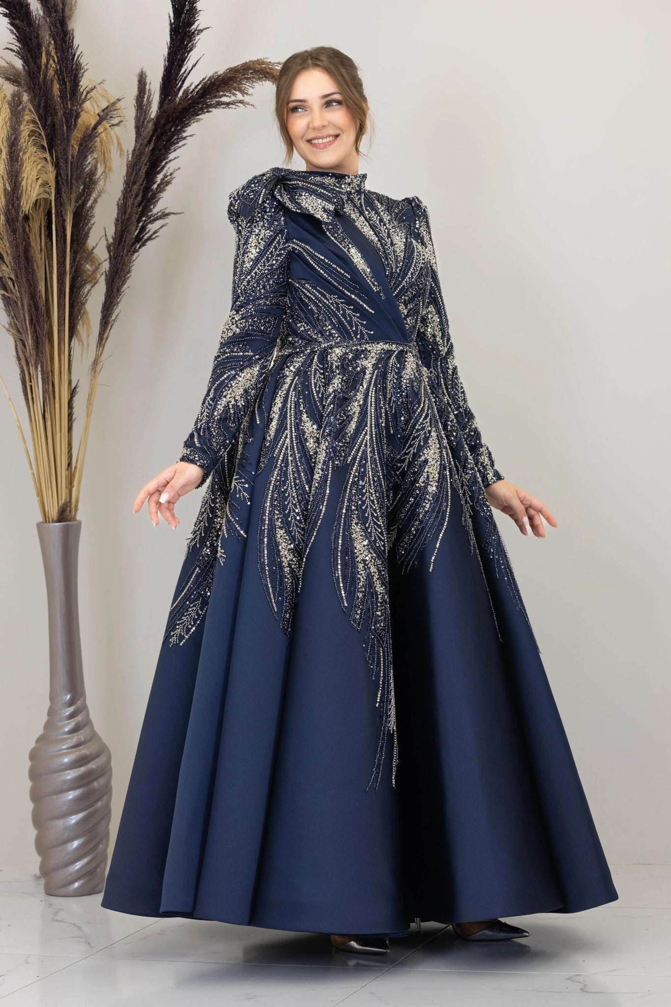 Çiçek Detaylı Larin Tesettür Abiye - FioraofDress - tesettur - abiye - lacivert - 38 - hijab - evening - dress