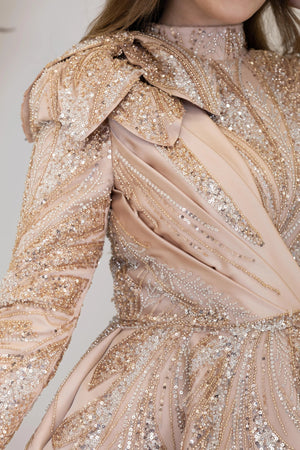 Çiçek Detaylı Larin Tesettür Abiye - FioraofDress - tesettur - abiye - GOLD - 38 - hijab - evening - dress