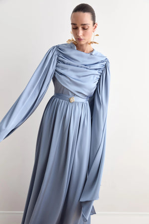 Evelyn Kol Pelerinli Saten Tesettür Elbise - FioraofDress - tesettur - abiye - Mavii - 36 - hijab - evening - dress