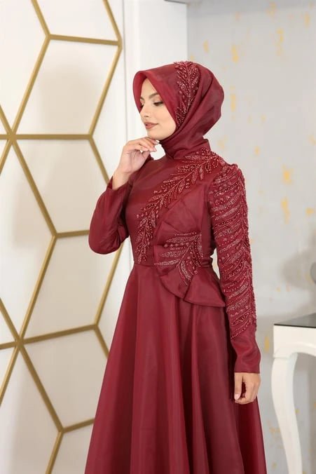 Flower Abiye - FioraofDress - tesettur - abiye - 38 - BORDO - hijab - evening - dress