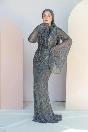 Handmade Embroidered AH1011 - FioraofDress - tesettur - abiye - 48 - gri - hijab - evening - dress