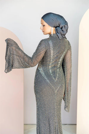 Handmade Embroidered AH1011 - FioraofDress - tesettur - abiye - 48 - gri - hijab - evening - dress