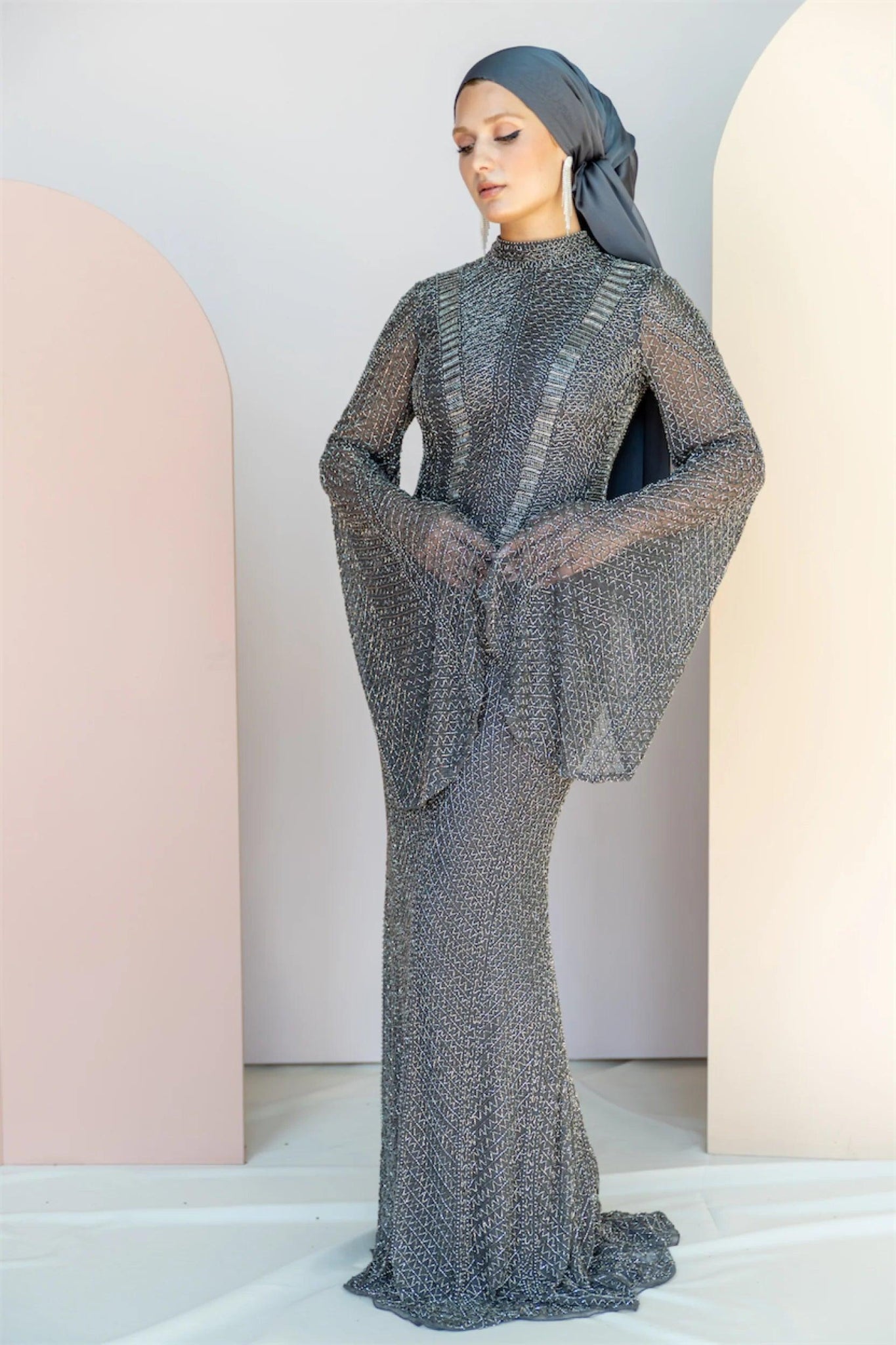 Handmade Embroidered AH1011 - FioraofDress - tesettur - abiye - 48 - gri - hijab - evening - dress