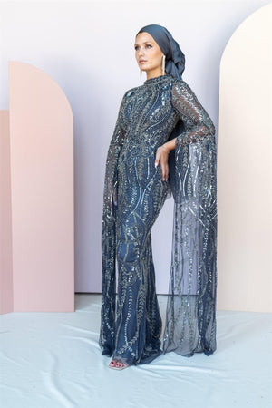 Handmade Embroidered AH1022 - FioraofDress - tesettur - abiye - 48 - antrasitt - hijab - evening - dress