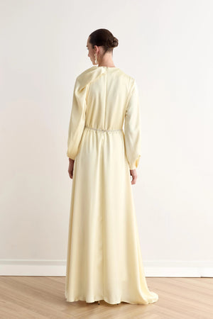 Juan Pileli Kemerli Saten Tesettür Elbise - FioraofDress - tesettur - abiye - Sarı - 36 - hijab - evening - dress