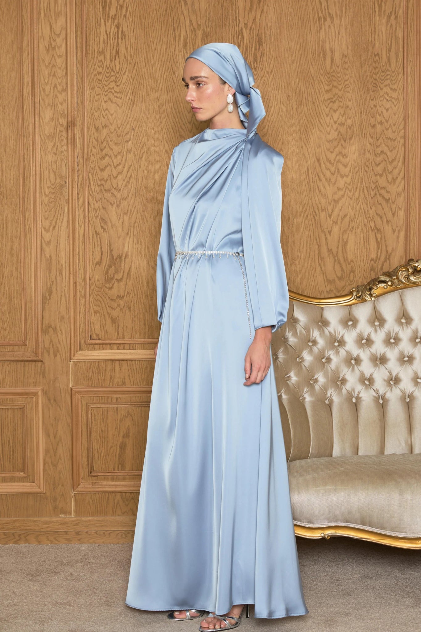 Juan Pileli Kemerli Saten Tesettür Elbise - FioraofDress - tesettur - abiye - Mavii - 36 - hijab - evening - dress