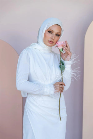 Kolları Tüylü Drapeli Tesettür Abiye - FioraofDress - tesettur - abiye - 46 - Beyaz - hijab - evening - dress