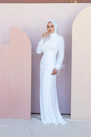 Kolları Tüylü Drapeli Tesettür Abiye - FioraofDress - tesettur - abiye - 46 - Beyaz - hijab - evening - dress