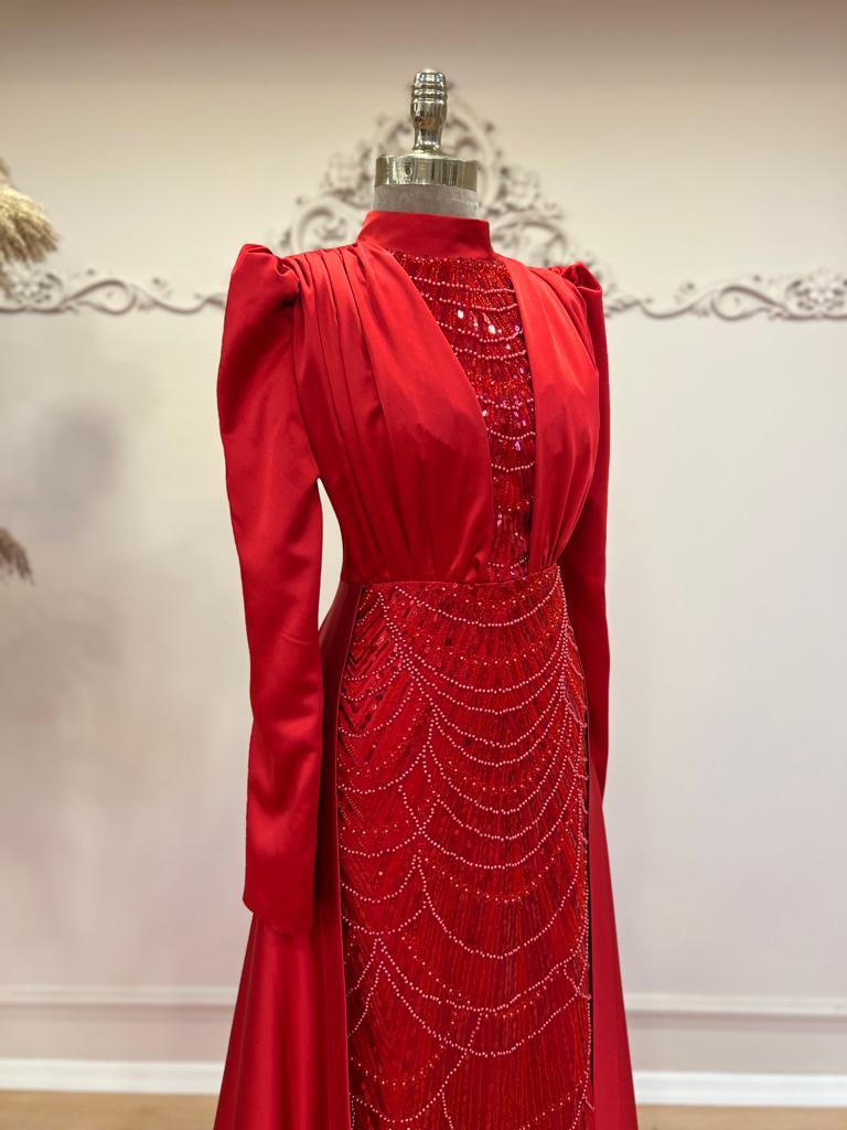 Mathilda Tesettür Abiye - Kırmızı - FioraofDress - tesettur - abiye - 48 - KIRMIZI - hijab - evening - dress
