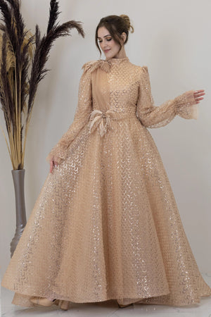 Omuz Ve Beli Çiçek Detaylı Adel Tesettür Abiye - FioraofDress - tesettur - abiye - GOLD - 38 - hijab - evening - dress