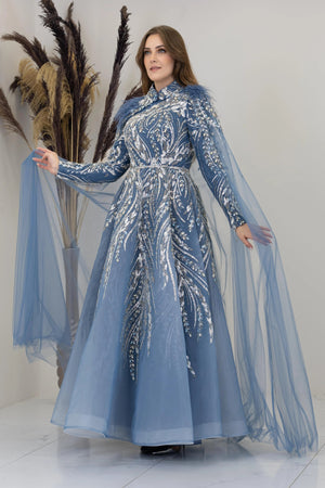 Önü Aplik İşleme Pelerinli Kayra Tesettür Abiye - FioraofDress - tesettur - abiye - indigo - 38 - hijab - evening - dress