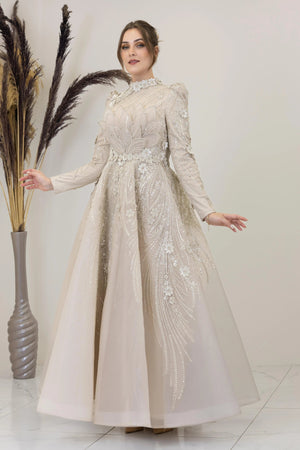 Önü Çiçek İşlemeli Lotus Tesettür Abiye - FioraofDress - tesettur - abiye - Taş - 38 - hijab - evening - dress