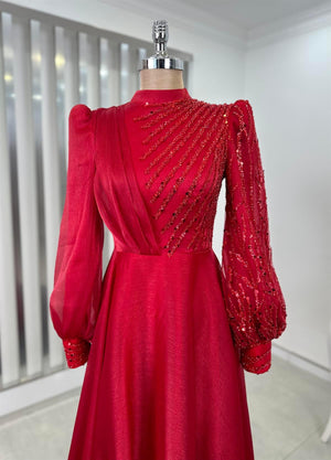 Organze Boncuklu Dantel İşlemeli Güneş Tesettür Abiye Kırmızı - FioraofDress - tesettur - abiye - 44 - hijab - evening - dress