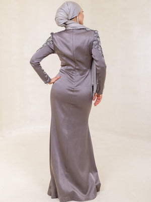 Papatya Omuz Tesettür Elbise - FioraofDress - tesettur - abiye - 44 - Morr - hijab - evening - dress