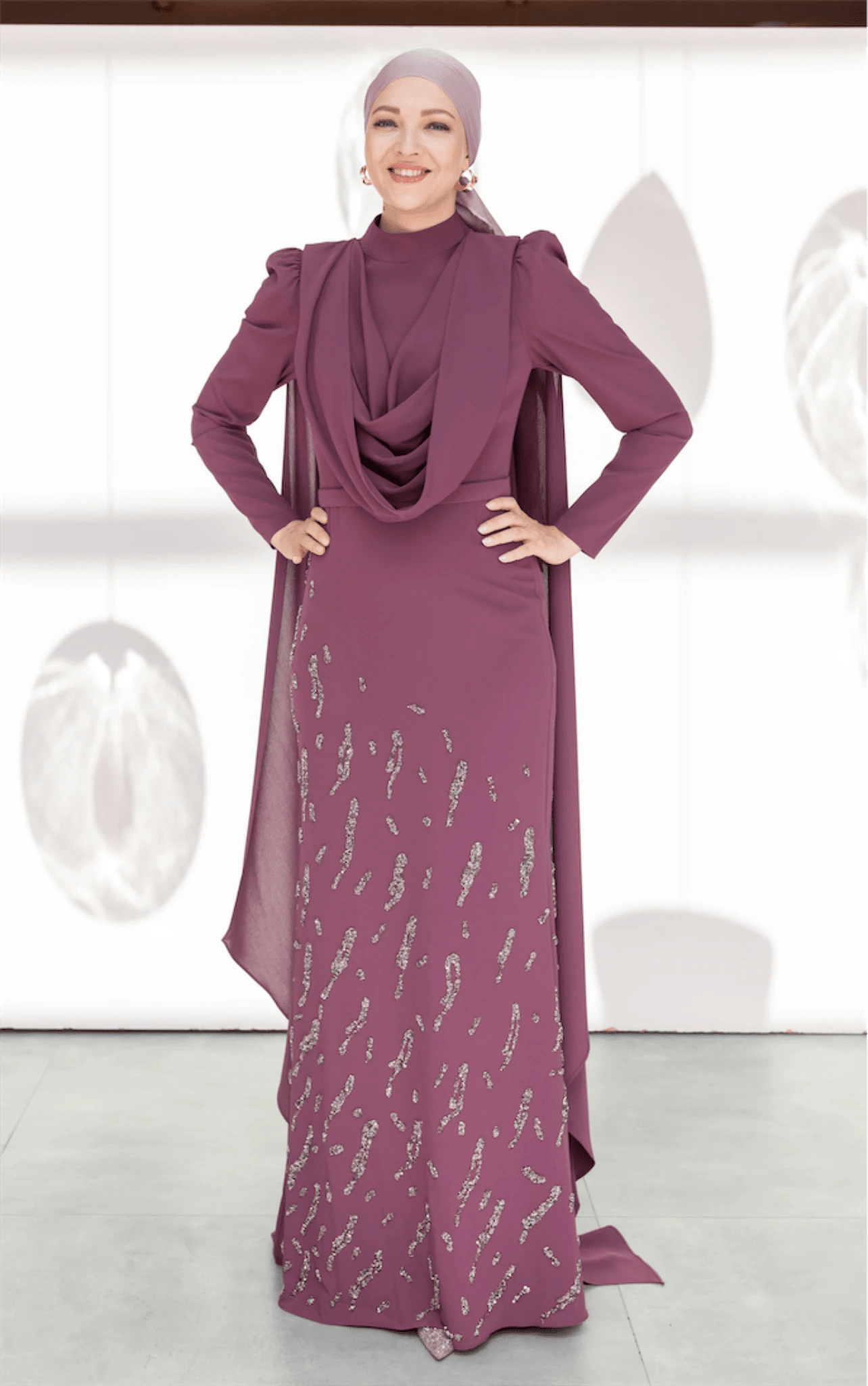 Şallı Degaje Yaka Tesettür Abiye - FioraofDress - tesettur - abiye - 44 - Mürdüm - hijab - evening - dress