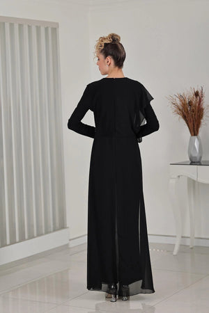 Taş Detay Şifon Zeren Tesettür Tulum Siyah - FioraofDress - tesettur - abiye - 48 - hijab - evening - dress