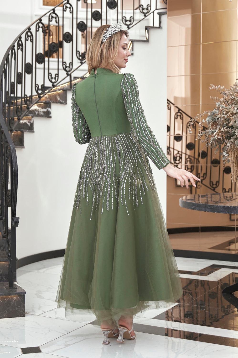 Anna Midi Taşlı Tesettür Abiye Haki - FioraofDress - tesettur - abiye - 44 - hijab - evening - dress