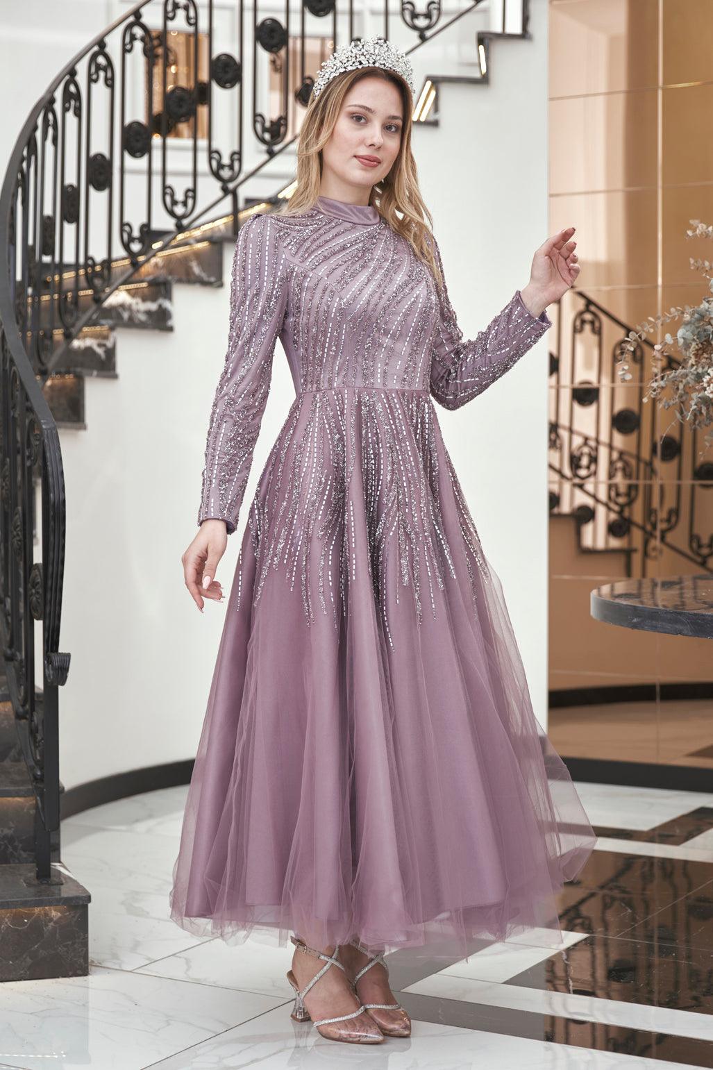 Anna Midi Taşlı Tesettür Abiye Lila - FioraofDress - tesettur - abiye - 44 - hijab - evening - dress