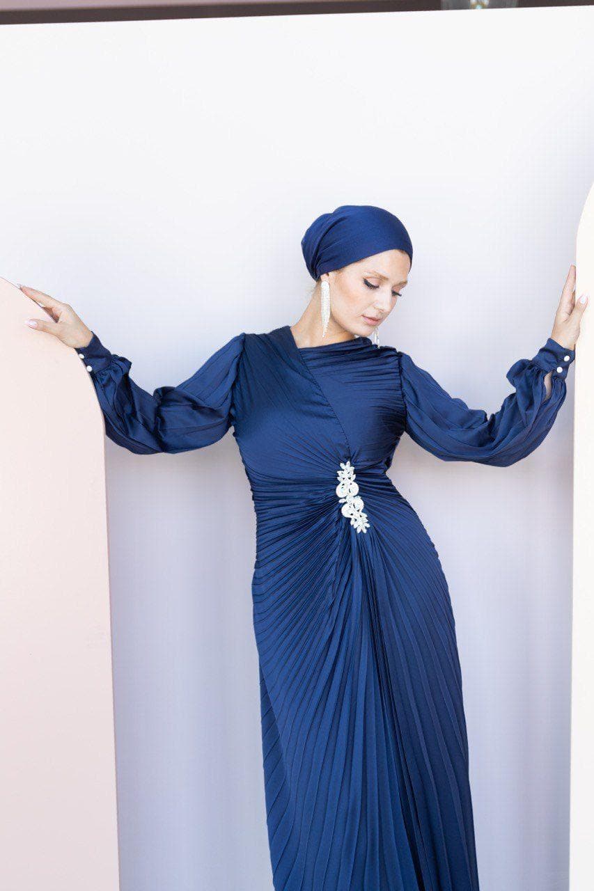 Beli Taşlı Pilise Tesettür Abiye - FioraofDress - tesettur - abiye - 44 - lacivert - hijab - evening - dress