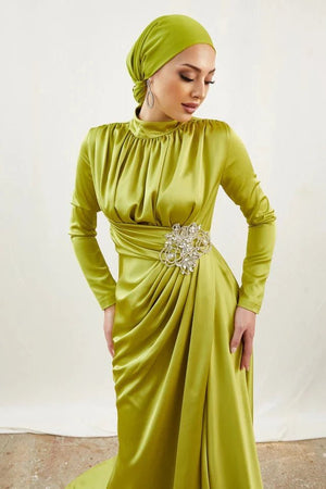 Berra Taşlı Yağ Yeşili Tesettür Abiye - FioraofDress - tesettur - abiye - 42 - YAĞ YEŞİLİ - hijab - evening - dress