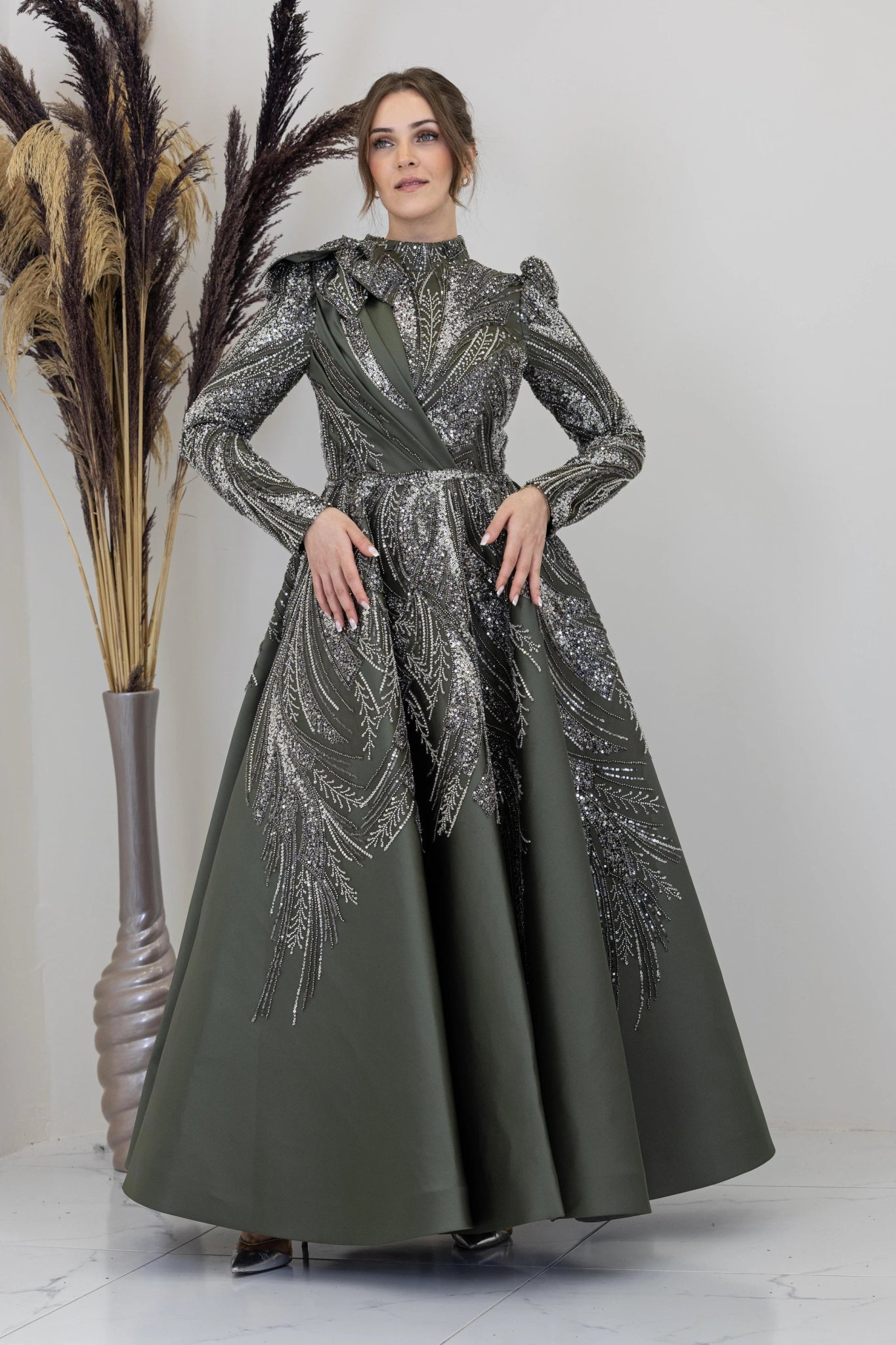 Çiçek Detaylı Larin Tesettür Abiye - FioraofDress - tesettur - abiye - haki - 38 - hijab - evening - dress