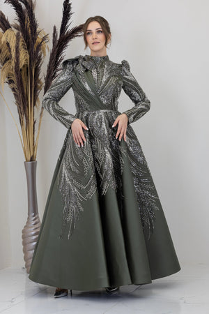 Çiçek Detaylı Larin Tesettür Abiye - FioraofDress - tesettur - abiye - haki - 38 - hijab - evening - dress
