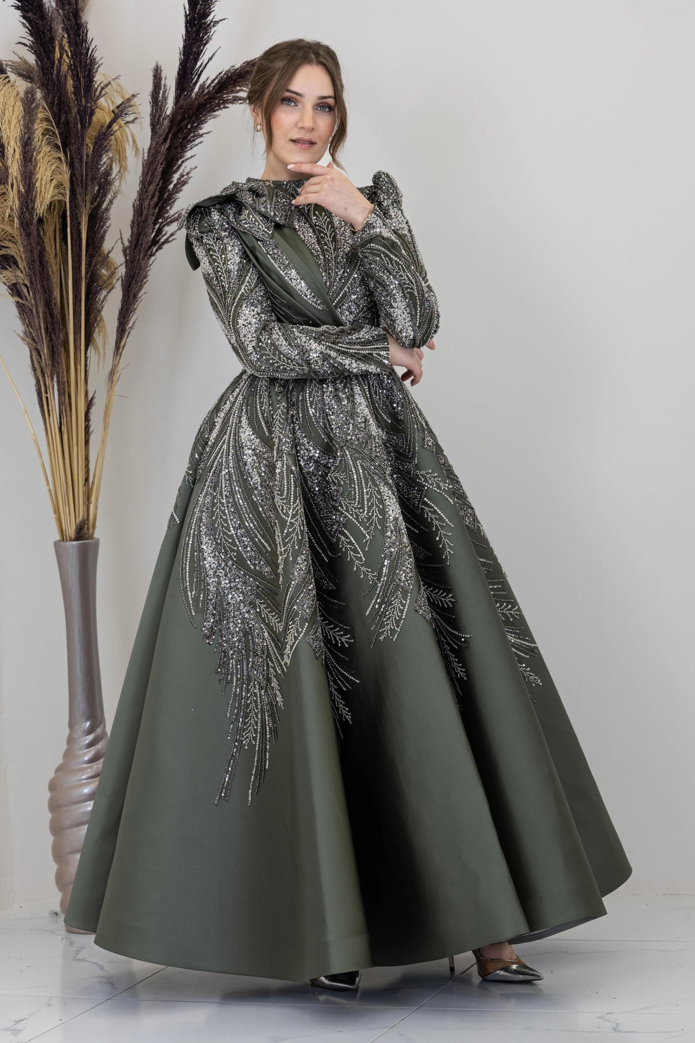 Çiçek Detaylı Larin Tesettür Abiye - FioraofDress - tesettur - abiye - haki - 38 - hijab - evening - dress