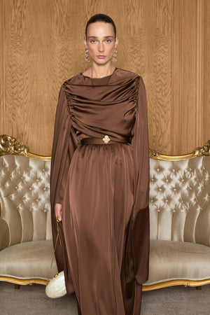 Evelyn Kol Pelerinli Saten Tesettür Elbise - FioraofDress - tesettur - abiye - Kahve - 36 - hijab - evening - dress