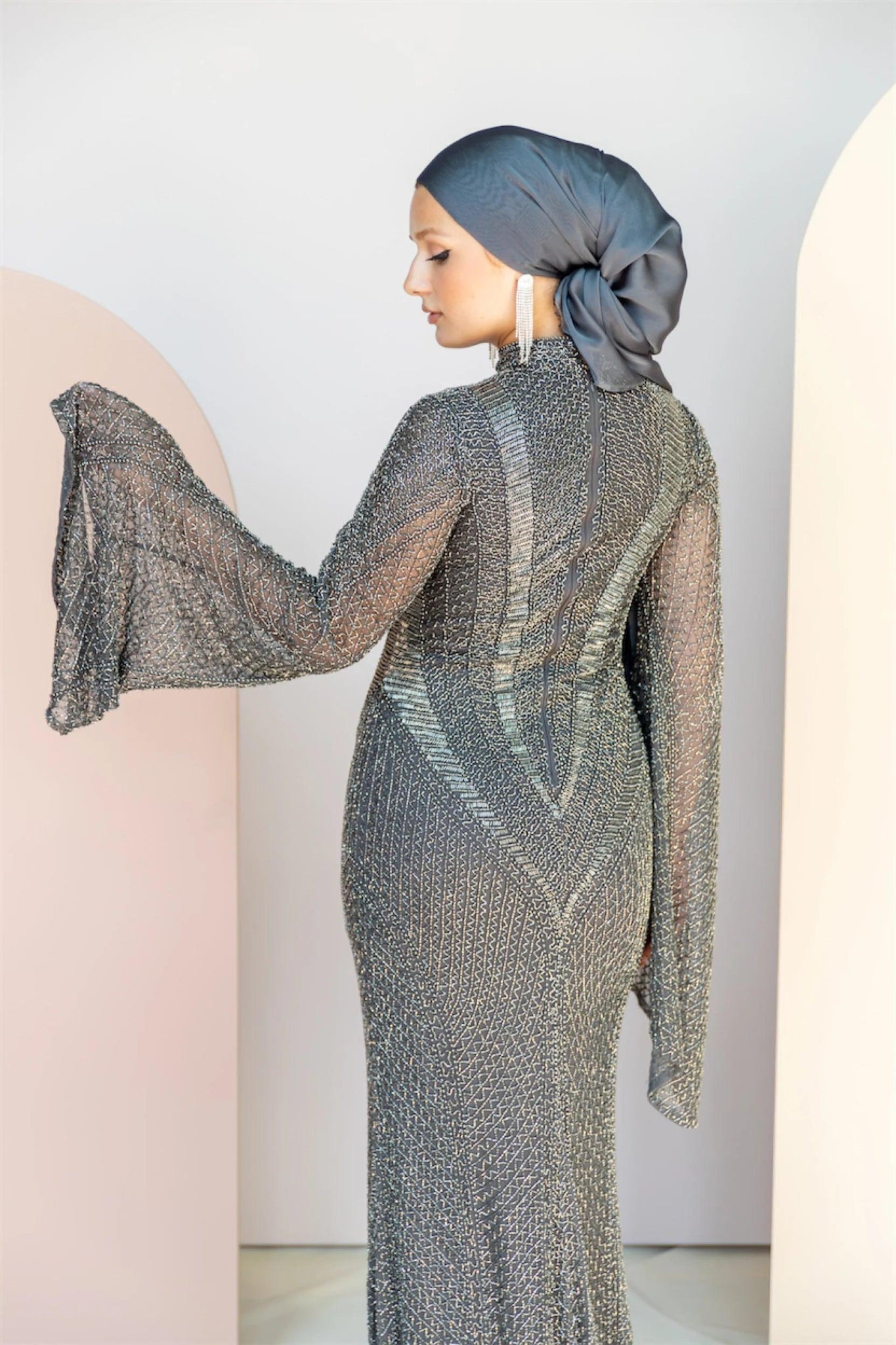 Handmade Embroidered AH1011 - FioraofDress - tesettur - abiye - 48 - gri - hijab - evening - dress