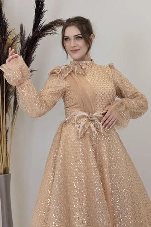 Omuz Ve Beli Çiçek Detaylı Adel Tesettür Abiye.