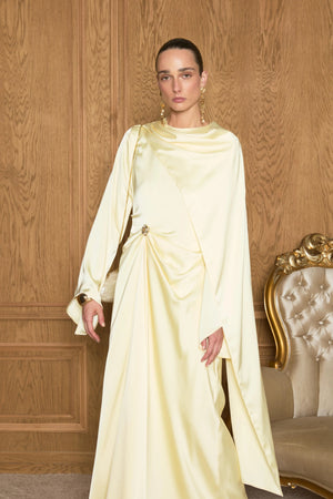 İsalle Bel Pileli Broşlu Tesettür Elbise - FioraofDress - tesettur - abiye - Sarı - 36 - hijab - evening - dress