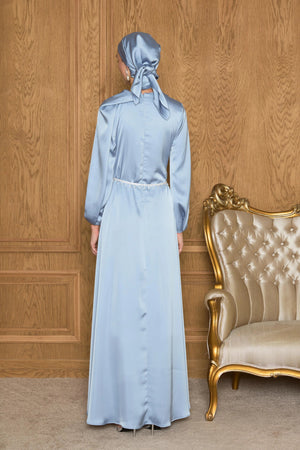 Juan Pileli Kemerli Saten Tesettür Elbise - FioraofDress - tesettur - abiye - Mavii - 36 - hijab - evening - dress