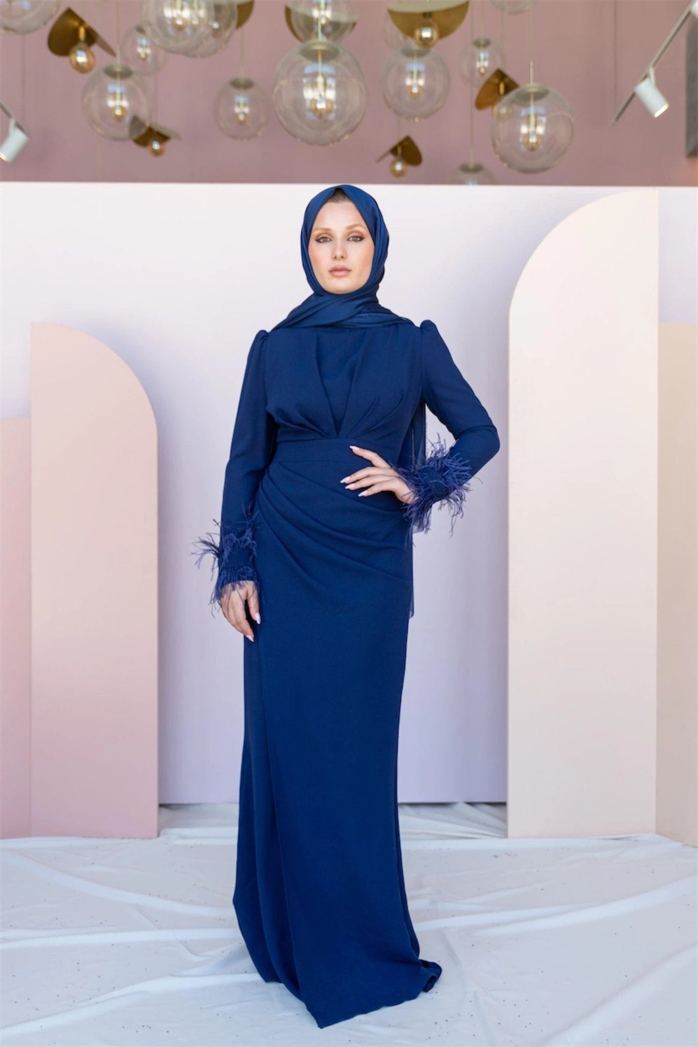 Kolları Tüylü Drapeli Tesettür Abiye - FioraofDress - tesettur - abiye - 46 - lacivert - hijab - evening - dress