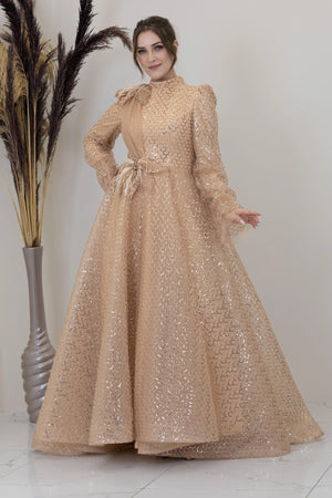 Omuz Ve Beli Çiçek Detaylı Adel Tesettür Abiye - FioraofDress - tesettur - abiye - GOLD - 52 - hijab - evening - dress