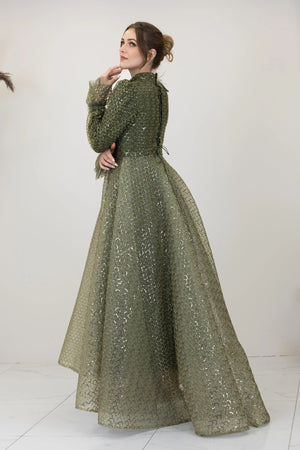 Omuz Ve Beli Çiçek Detaylı Adel Tesettür Abiye - FioraofDress - tesettur - abiye - haki - 38 - hijab - evening - dress