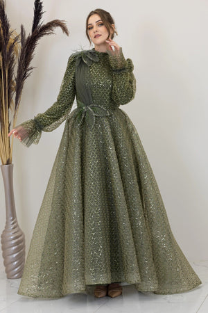 Omuz Ve Beli Çiçek Detaylı Adel Tesettür Abiye - FioraofDress - tesettur - abiye - haki - 38 - hijab - evening - dress