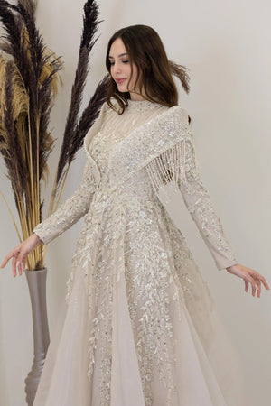 Omuzları V Drape Asel Tesettür Abiye - FioraofDress - tesettur - abiye - Taş - 38 - hijab - evening - dress