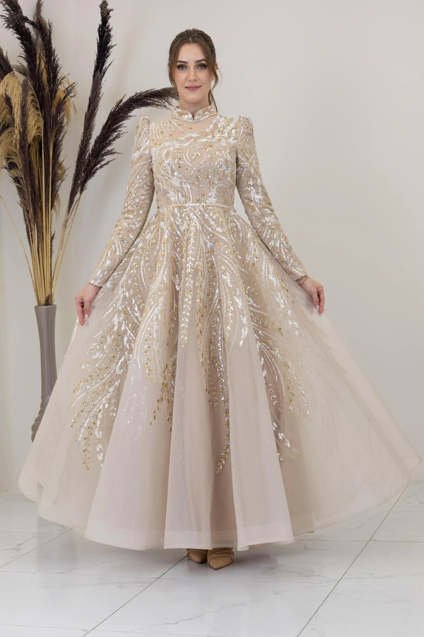 Önü Aplik İşleme Pelerinli Kayra Tesettür Abiye - FioraofDress - tesettur - abiye - GOLD - 38 - hijab - evening - dress