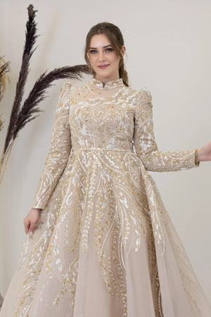 Önü Aplik İşleme Pelerinli Kayra Tesettür Abiye - FioraofDress - tesettur - abiye - GOLD - 38 - hijab - evening - dress