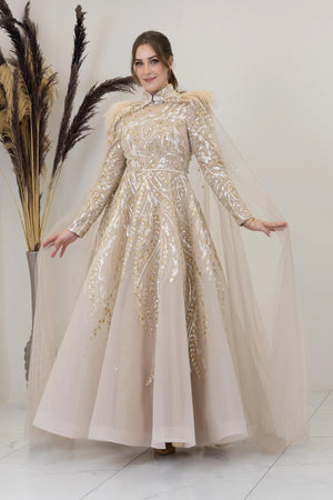 Önü Aplik İşleme Pelerinli Kayra Tesettür Abiye - FioraofDress - tesettur - abiye - GOLD - 38 - hijab - evening - dress