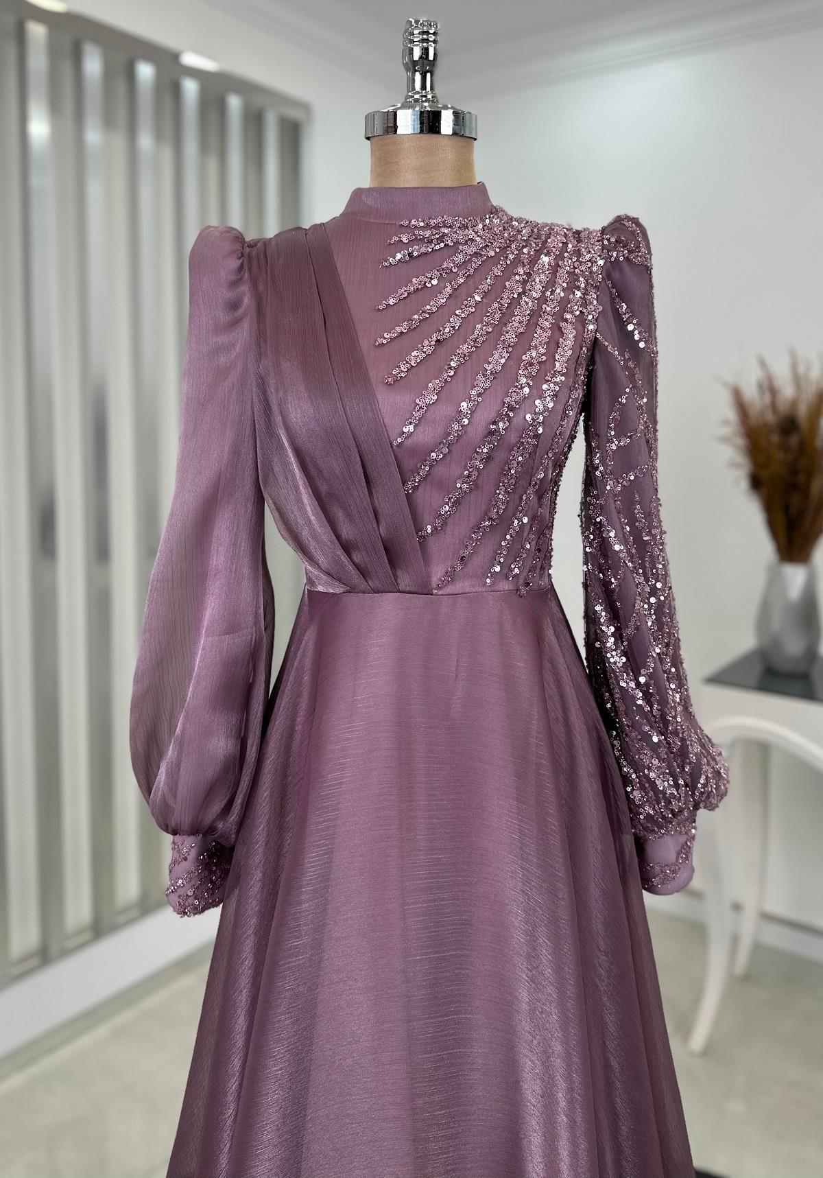 Organze Boncuklu Dantel İşlemeli Güneş Tesettür Abiye Gül Kurusu - FioraofDress - tesettur - abiye - 44 - hijab - evening - dress
