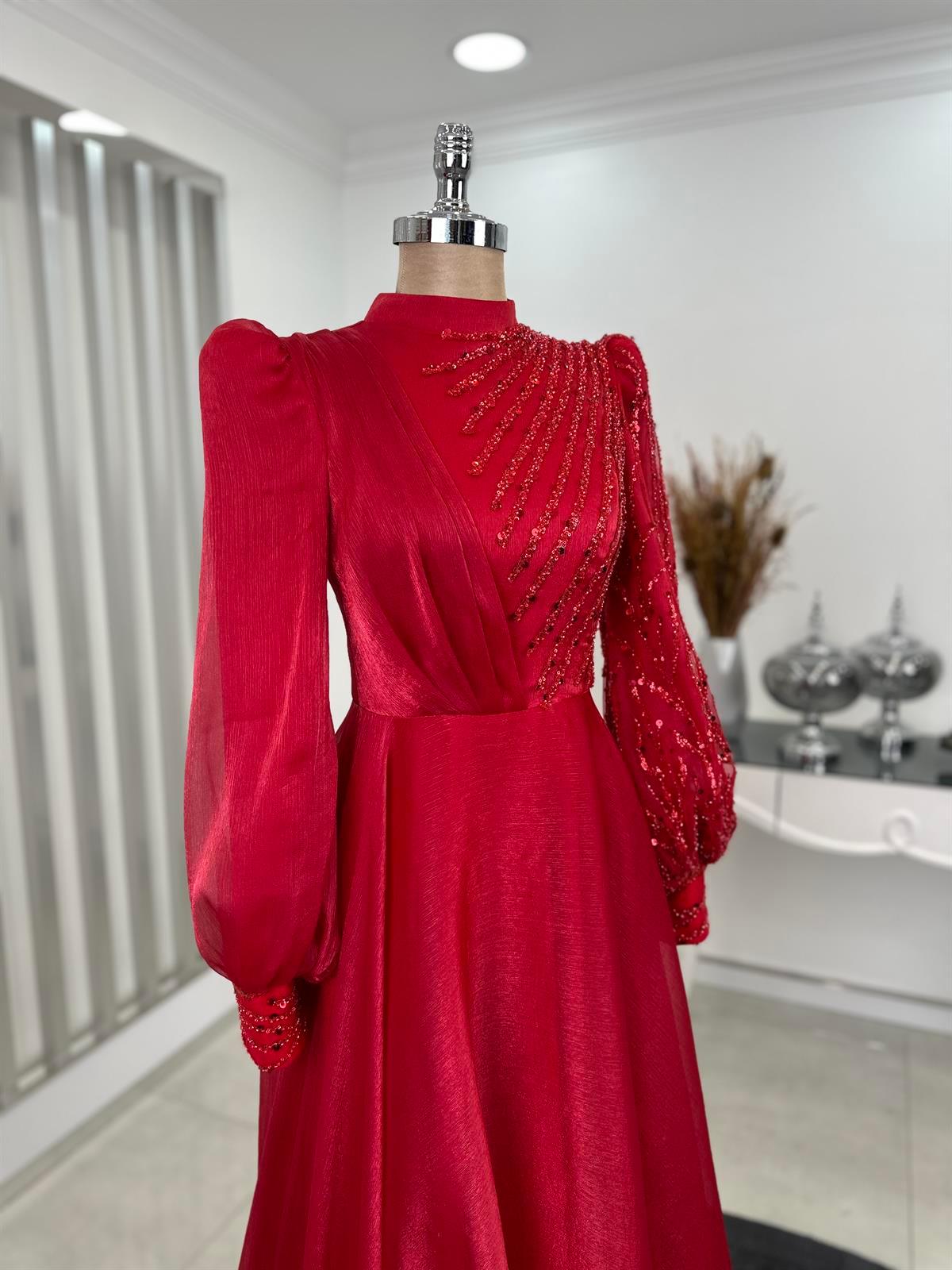 Organze Boncuklu Dantel İşlemeli Güneş Tesettür Abiye Kırmızı - FioraofDress - tesettur - abiye - 44 - hijab - evening - dress