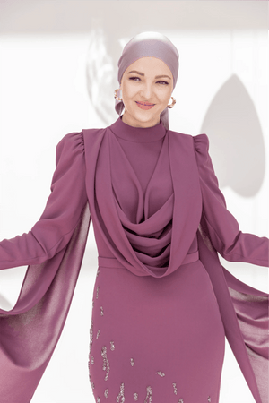 Şallı Degaje Yaka Tesettür Abiye - FioraofDress - tesettur - abiye - 44 - Mürdüm - hijab - evening - dress