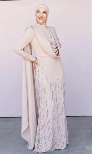 Şallı Degaje Yaka Tesettür Abiye - FioraofDress - tesettur - abiye - 44 - bejj - hijab - evening - dress