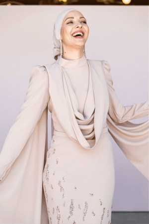 Şallı Degaje Yaka Tesettür Abiye - FioraofDress - tesettur - abiye - 44 - bejj - hijab - evening - dress