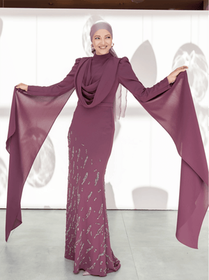 Şallı Degaje Yaka Tesettür Abiye - FioraofDress - tesettur - abiye - 44 - Mürdüm - hijab - evening - dress