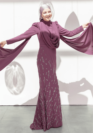 Şallı Degaje Yaka Tesettür Abiye - FioraofDress - tesettur - abiye - 44 - Mürdüm - hijab - evening - dress